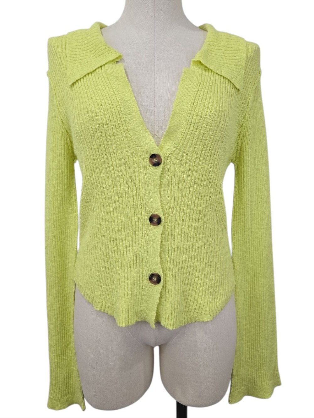 By Together Neon Yellow Knit Sweater Button Down Cardigan Top NWT Sz Large